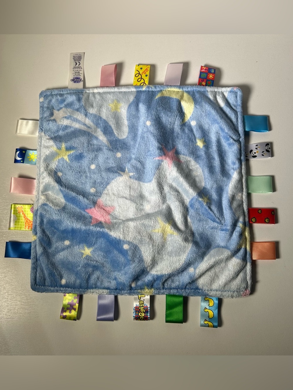 Genuine Taggies Starry Night MINKY Baby Blanket Blue Tag Clouds Star Lovey 12x12